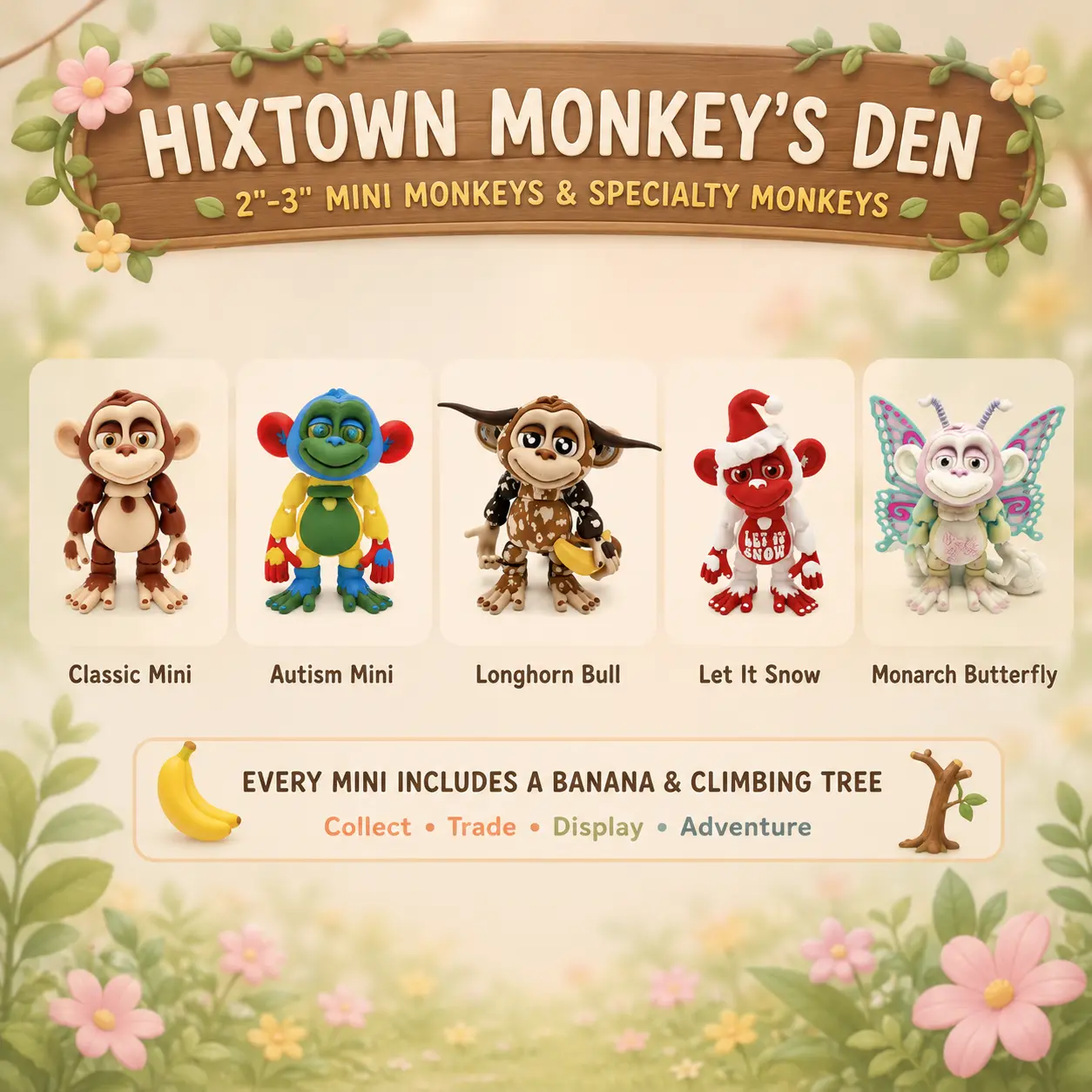Mini Monkeys 2"- 3" with Accessories Tree and Banana 3D Printed Articulated Digital Multi Color Flexy Monkey Decoration Figure