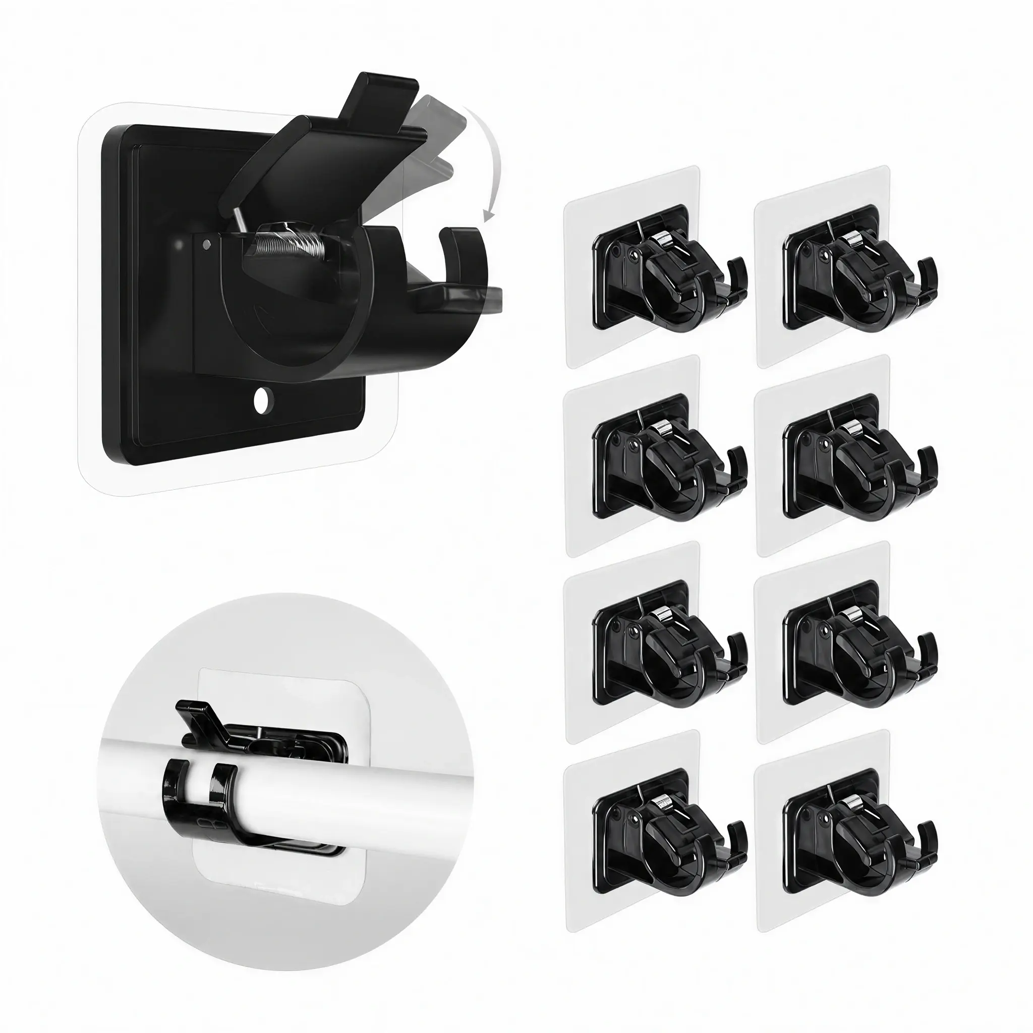 Curtain Rod Brackets, 8-Pack Modern Lightweight Plastic Self-Adhesive Hooks with Stainless Steel - No-Drill & Waterproof for Bathroom Decor