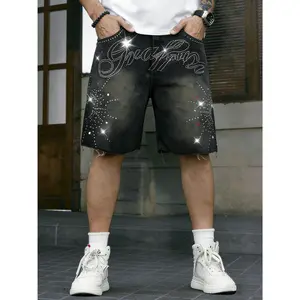 Men's Bling Rhinestone Jorts,  Cotton Comfortable Denim Pants,Black Wash Casual Summer ShortsIdeal for summer outings, streetwear looks, music festivals, and trendy casual gatherings