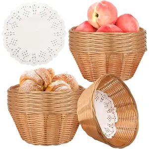 Wicker Round Small Plastic Bread Basket 12 Pcs, 7x7x3 Inch Woven Food Storage Basket with Food Blotting Sheets, Brown