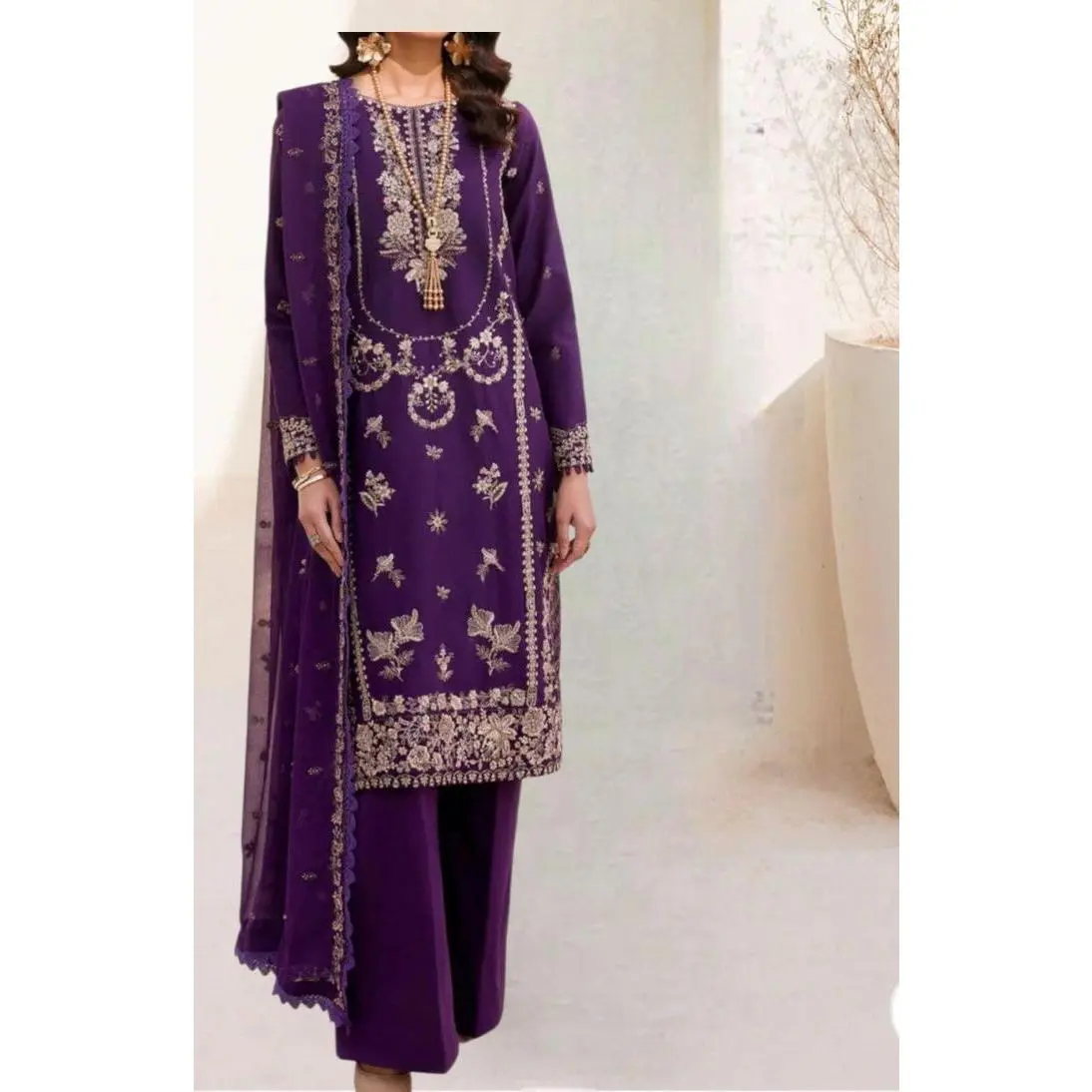 Motifz Women's 3-Piece Purple Cambric Ensemble - Floral Embroidered Long-Sleeve Boat Neck Shirt, Straight Cut Tailored Cotton Pants, Crinkle Chiffon Dupatta - Light Modest Formal Wear for Daytime Events