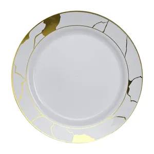 White and Gold Round Plastic Plates - Marble