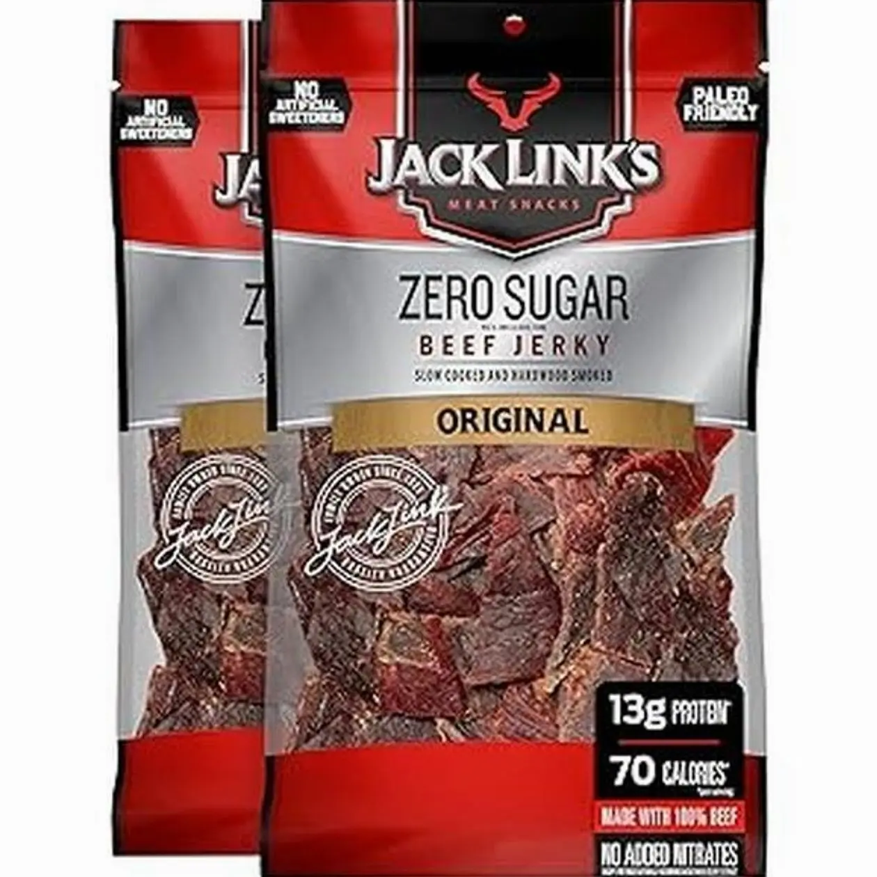 Jack Link's Beef Jerky, Original, Zero Sugar – Flavorful Meat Snacks, Ready to Eat Protein Snacks with 13g of Protein, Made with 100% Beef, Keto, Paleo & Carnivore Diet Ready – 7.3 Oz. (Pack of 2)