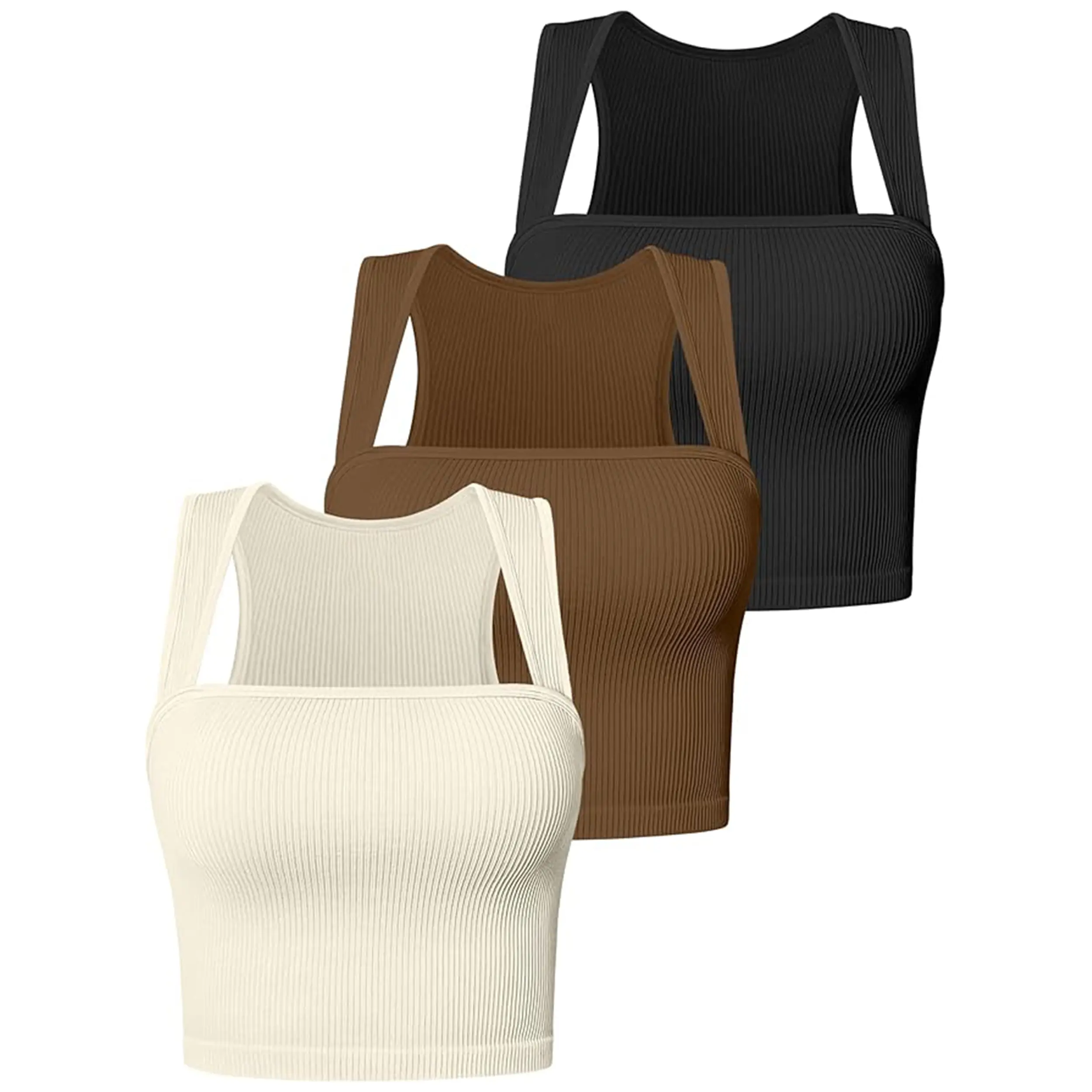 【Discount for live stream】Women's 3-Piece 481-3 Strappy Sleeveless Square Neck Stretch Crop Camis, Basic Minimalist Clothes, Sporty Sports Underwear for Casual Everyday Wear (481-Black, Coffee, Beige)