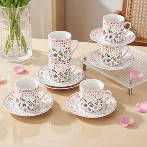Floral Espresso Cups & Saucers Set of 6, 3oz Small Coffee Mugs, Ceramic Demitasse Cup for Tea, Latte, Espresso Shot Cup for Coffee Maker, Women Gifts for Mother's Day, Birthday