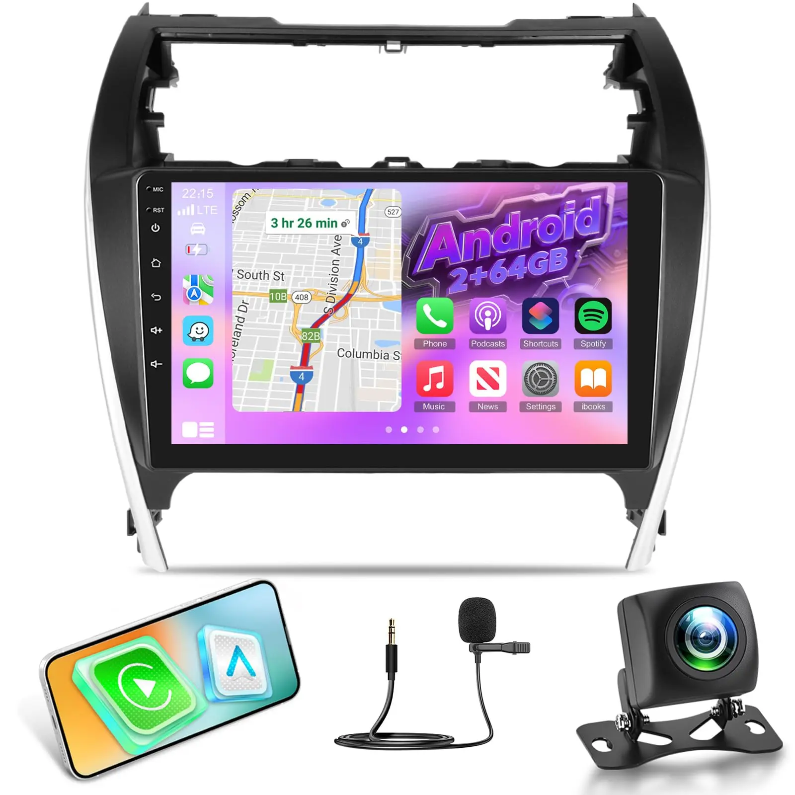 Android Radio for Toyota Camry 2012 2013 2014: 10.1 inch Touch Screen Car Stereo with Wireless Carplay and Android Auto, 5G/WiFi, DSP/EQ, GPS, Split Screen, SWC + AHD Backup Camera