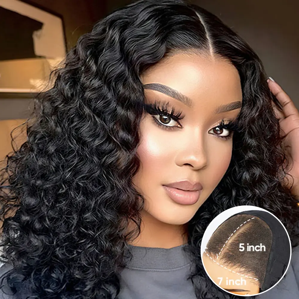 CurlyMe Wear and Go Water Wave HD Lace Glueless Hair Bob Wig Pre-cut HD Lace Natural Black 180% Density
