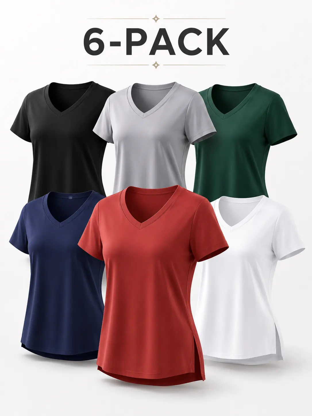 Women's 6-Pack Dry Fit V-Neck Athletic Short-Sleeve T-Shirts - Stretchable Clothes for Women, Fitted Lightweight Breathable Polyester Sport Tees, Machine Washable Versatile Practical for Gym Yoga