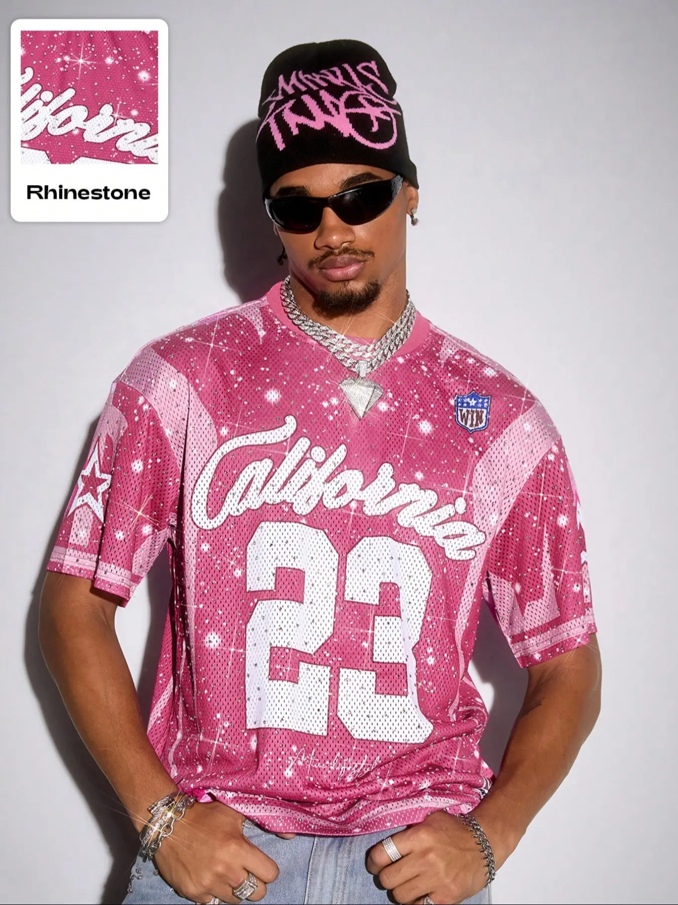 Men's Rhinestone Glitter Short Sleeve Knit T-Shirt, Breathable Mesh Jersey, California Letter 23 Bling Top, Casual Streetwear Fashion Graphic Tee, Casual Streetwear Looks, Athletic, Multiple Sizes, Casual Summer Clothing, Menswear