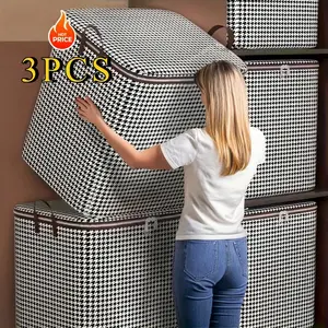 Three Extra-Large 47.55-Gallon Thousand-Bird Checkered Pattern Thickened Storage Containers, Large-Capacity Clothes And Quilts Storage Buckets, Dust-Proof And Moisture-Proof Bags With Handles, Double Zipper Storage Bags