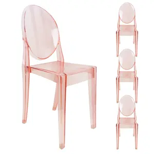 Set of 4 Pink Clear Ghost Chairs, Modern Transparent Accent Side Chairs, Stackable Dining Room Restaurant Chairs for Events, Weddings, Banquets