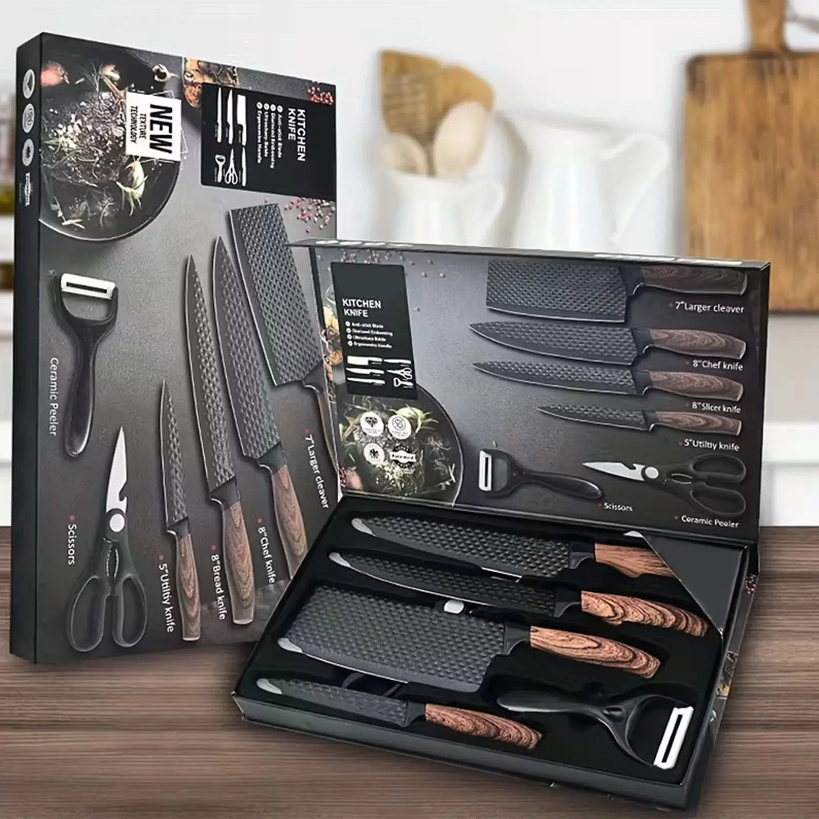 6Pcs Professional Kitchen Knife Set - Ultra Sharp Stainless Steel Chef & Slicing Knives, Scissors, Non-Stick Ergonomic Wooden Handles, Sheaths for Sheath Safety | Aesthetic Culinary Gift Box for Home Chefs, Outdoor BBQ