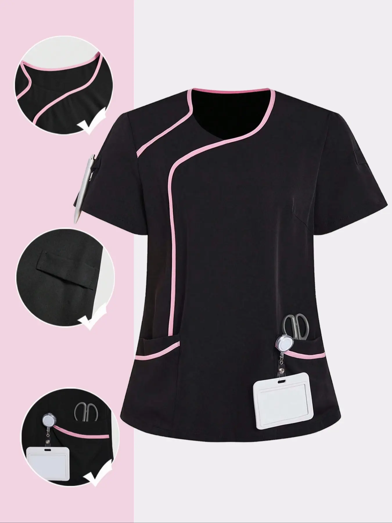 Border Round Neck Short Sleeve Multi-Pocket Fitted Woven Summer Top, Womenswear, Fashion Commute Workwear, Versatile Spa, Nurse Maternity Center Clothing