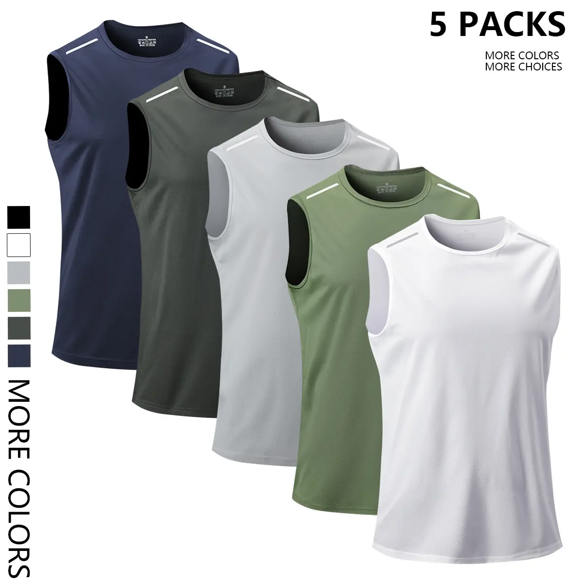 Set of 5 men’s casual tank tops—comfortable and breathable; sleeveless athletic T-shirts for sports fitness and everyday leisure; summer menswear.