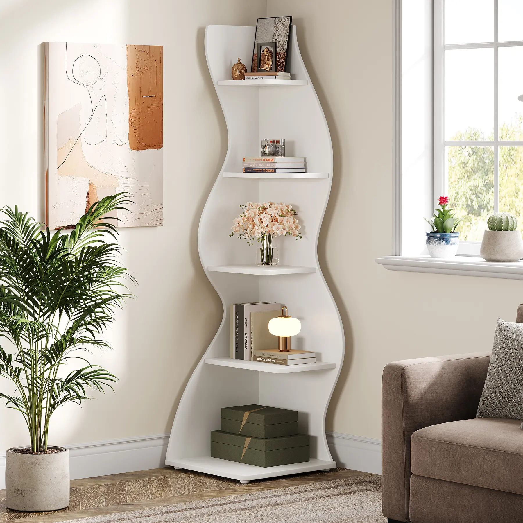 Tribesigns Modern 5-Tier Wall Corner Bookshelf White Stylish Corner Storage Rack for Living Room Home Office Bedroom & Entryway Decor Shelves with Mirrored Surface and Crystal Inlays