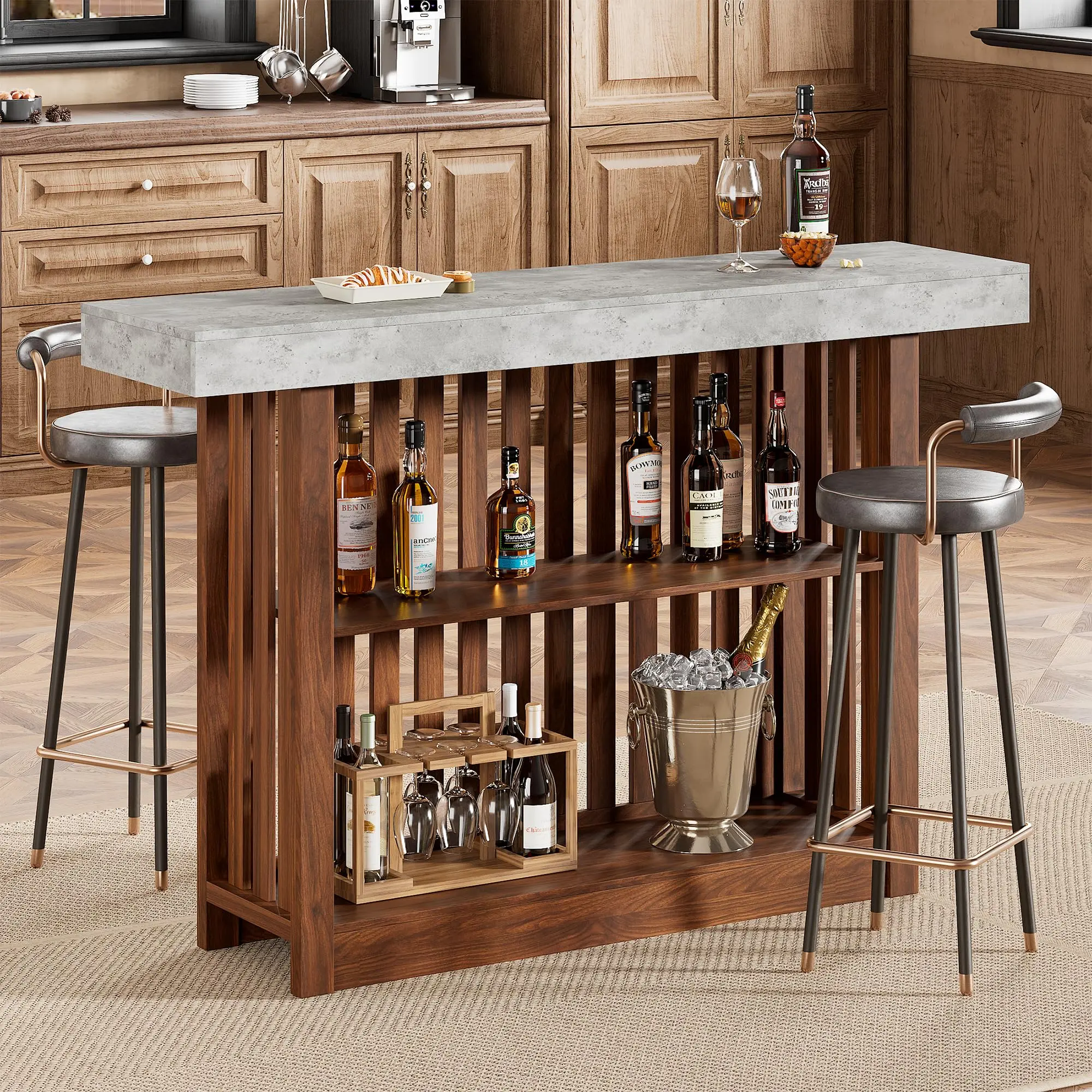 Modern 63-Inch Bar Table with 2-Tier Storage Shelves – Counter Height Dining Table for Restaurants, Bistros, or Living Room – Durable Construction, Ample Storage Space – Color: White & Walnut
