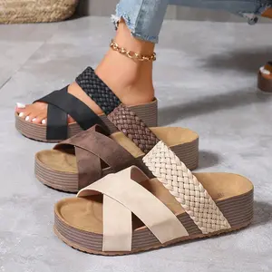 Thick Sole Platform Summer Slide Sandals - Chic Women's Casual Open Toe Shoes with Braided Detail, Cross-straps, Solid Colors, Woven Bag