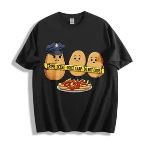 Casual fun neutral T-shirt, featuring a potato crime scene design with warning lines and fries, perfect for humor lovers and food enthusiasts.