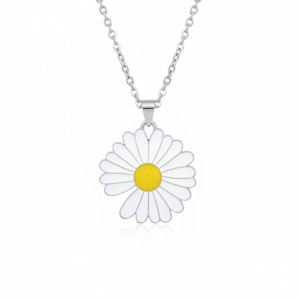 White Daisy Flower Pendant Necklace, Silver-Tone Alloy Floral Necklace with Yellow Center for Women