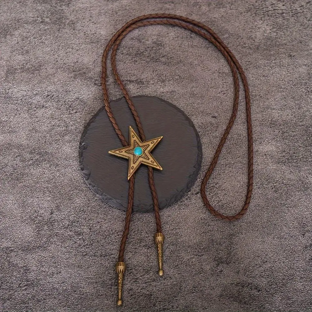 1 piece of retro bolo tie collar rope, in the style of Western cowboys. It is a bolo leather rope necklace with natural blue turquoise and a long necklace with a five-pointed star.