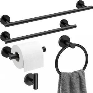5 Pieces Matte Black Bathroom Hardware Set, Bathroom Accessories Stainless Steel Wall Mounted, Including 16" Towel Bar, Toilet Paper Holder, Towel Ring, Towel Hook, Towel Racks for Bathroom