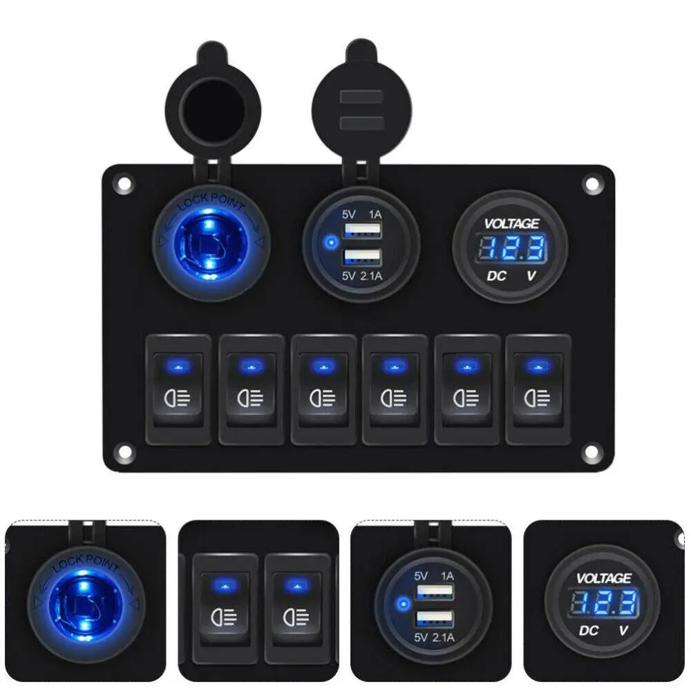 Overland Setup 6-Gang Rocker Switch Panel 12V 24V Pre-Wired Dual USB Voltmeter IP65 Waterproof Marine Boat Truck Dashboard Mod