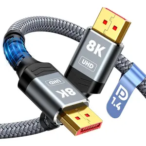8K 4K DisplayPort HDMI Cable 1.4, 6.6FT DP Cord (VESA Certified, 8K@60Hz, 4K@144Hz, 2K@240Hz/165Hz), 32.4Gbps High Speed Display Port Cable for Gaming Monitor, HDR/FreeSync/G-Sync, Braided, Grey