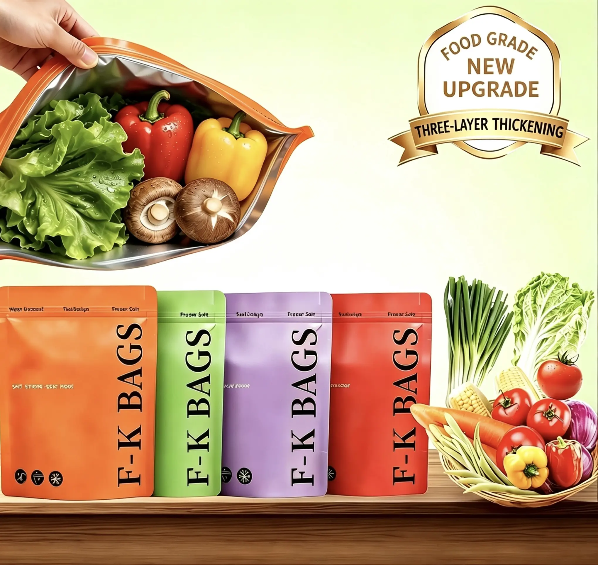 2026New reusable upgraded thickened upright aluminum foil sealing storage bags, with labels and zipper locks, suitable for washable kitchen items like vegetables, fruits, and meat