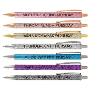 7 Pack Funny Ballpoint Pens - Days of the Week Daily Glitter Pen Set - Black Ink Medium Point 1.0 Mm - Professional Office Decor - Fun Gift for Coworker Back to School Supplies