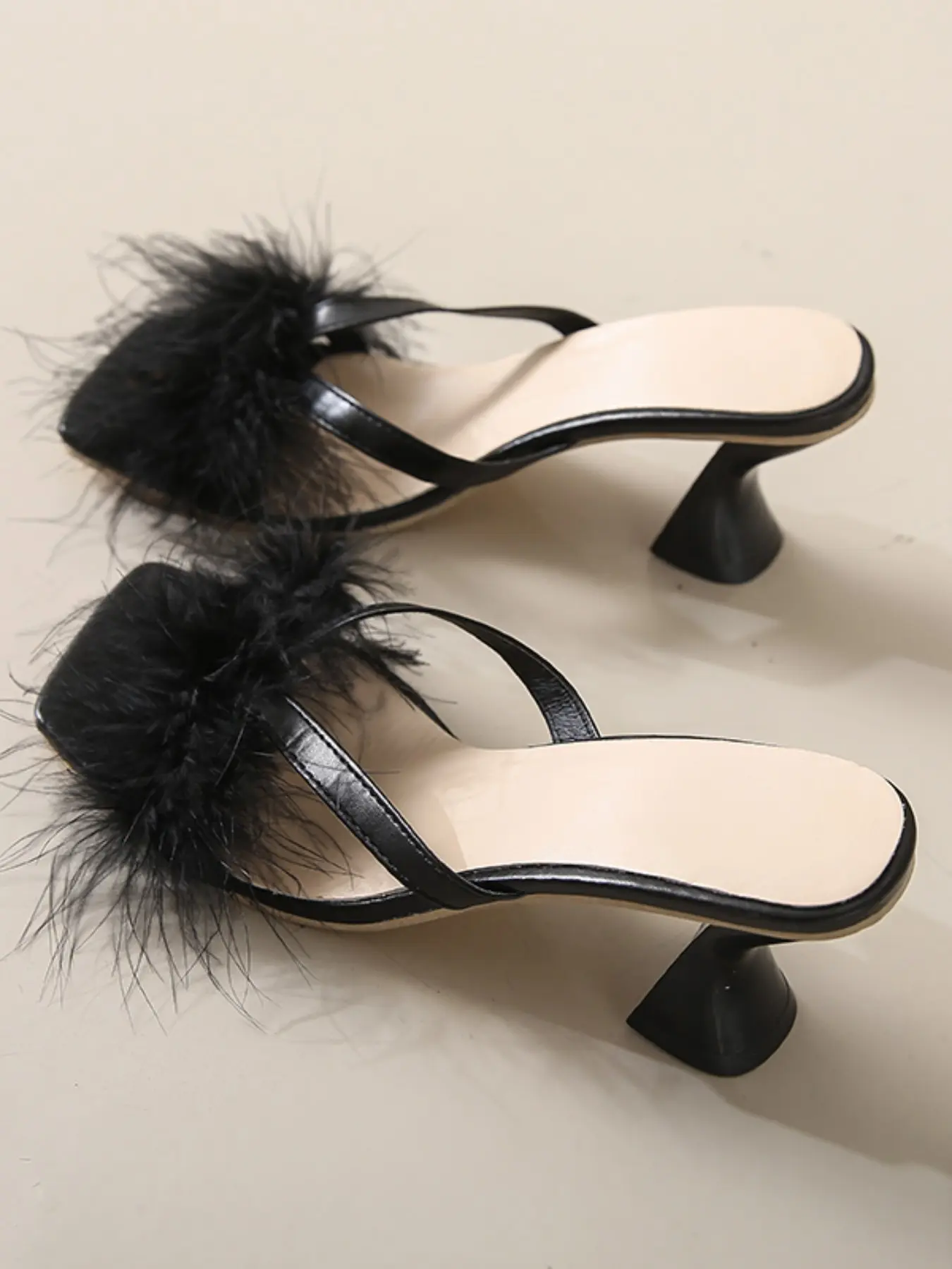 Women's High Heel Fashion Feather Decor Shoes, Square Toe Fluffy Outerwear Slippers, Versatile Casual Women's Footwear