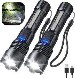 Strong Light Flashlight USB Rechargeable with Emergency White Light and Red & Blue Alarm Lights. Waterproof Design for Versatile Use. Ideal for Camping, Mountaineering, Fishing, Garden, Road, and Garage Lighting. The Perfect Rechargeable Gadget