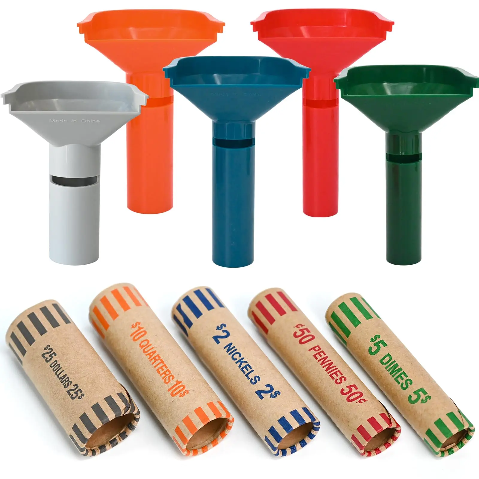 30 Assorted Preformed Coin Wrappers & 5 Coin Sorters Tubes, Color-Coded,Easy to Load