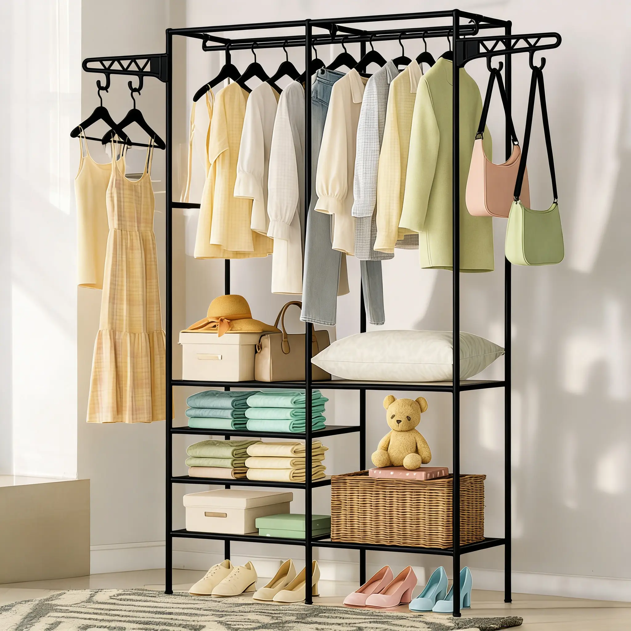 Coated Iron Freestanding Clothes Storage Rack - 4-Layer Hangable Fabric Organizer with Rotatable Hooks, Corrosion Resistant Multifunctional Unit with Plastic Elements, Tool-Free Installation Adjustable Storage Shelf, 66.1x42.1x14.2in Display Rack for Room