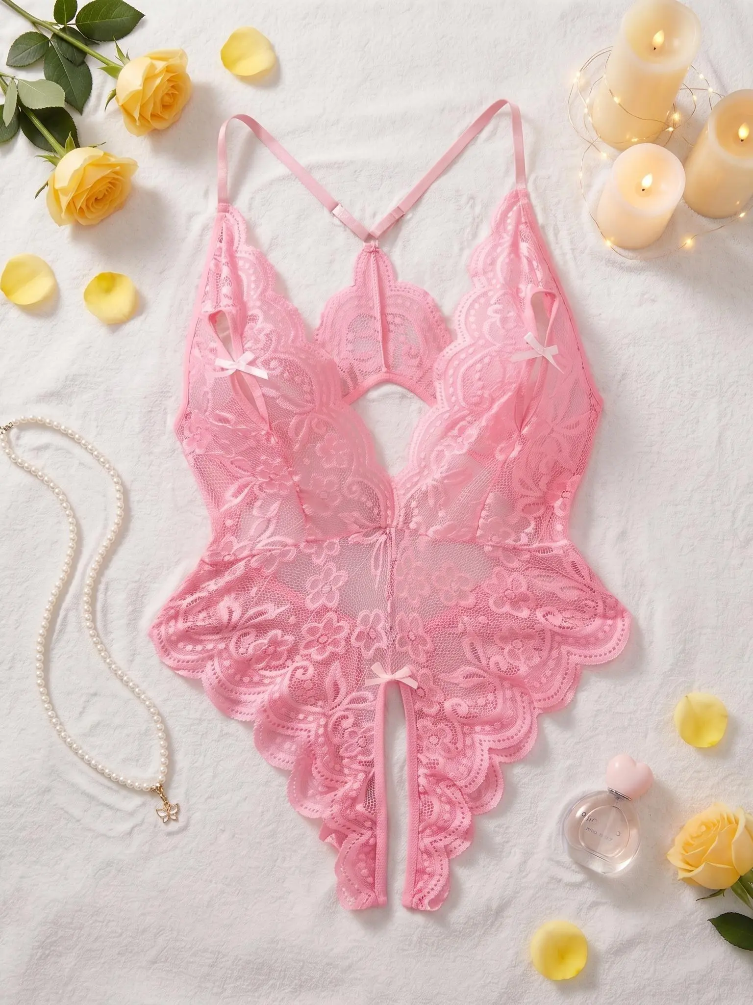 AESKEIA Women's Teddy Bodysuit, Elegant Floral Lace Lingerie, Romantic Style Intimates, Valentine's Love Gift, Plus Size, Bodysuit For Women, Romantic Gifts For Girlfriend, Valentines Day, V-Neck, Hand Wash, Fit, Teddy Cut, Floral Print, Lace Detail, Boud