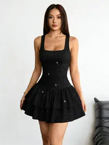 French Square Neck Sleeveless Bodycon Short Dress, Sparkle Pleated Ruffle Skirt, Elegant One Piece, Perfect for Parties and Events, Womenswear