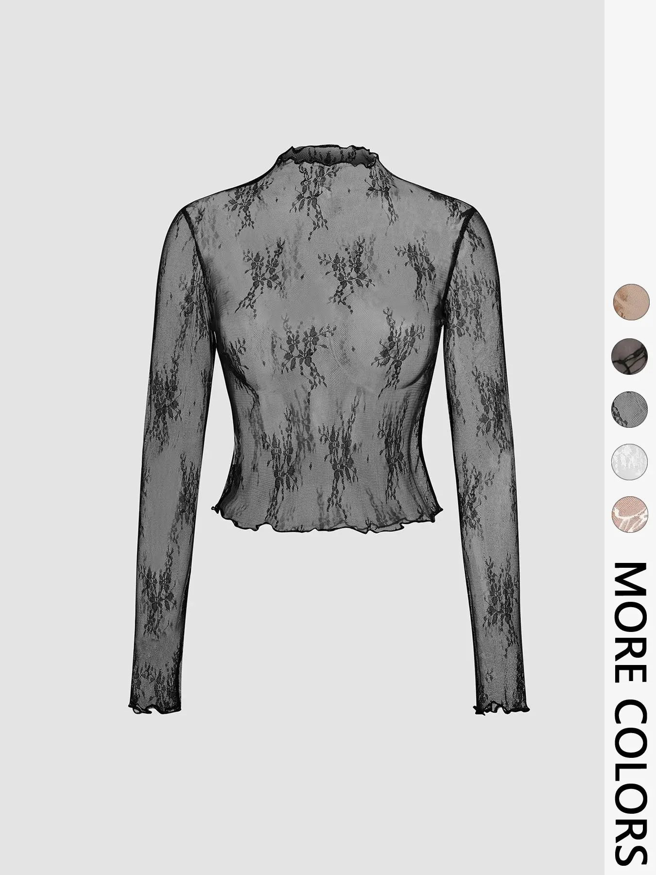 Women's Mock Neck Sheer Floral Lace Fitted Tee, Basic Elegant Long Sleeve Top Casual Blouse T-shirt for Daily Everyday Wear, gift for Girl, Ladies Clothes Womenswear for All Seasons