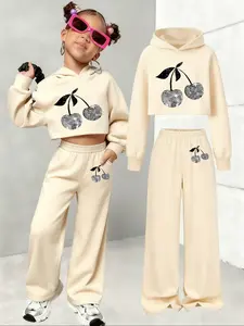 [Two-piece set]Girls' Spring & Fall Fashion Cherry Print Sweatshirt + Wide Leg Pants Set, Casual Street Style, Comfortable and Trendy.Does not include accessories such as glasses and bags.
