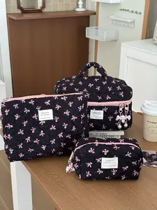 Wrinkled Bowknot Three-Piece Set Black Pink Makeup Bag New Retro High-Value Personalized Korean Style Zipper Large Capacity Outing Portable Travel Storage Cosmetic Bag Suitable for Girls Women