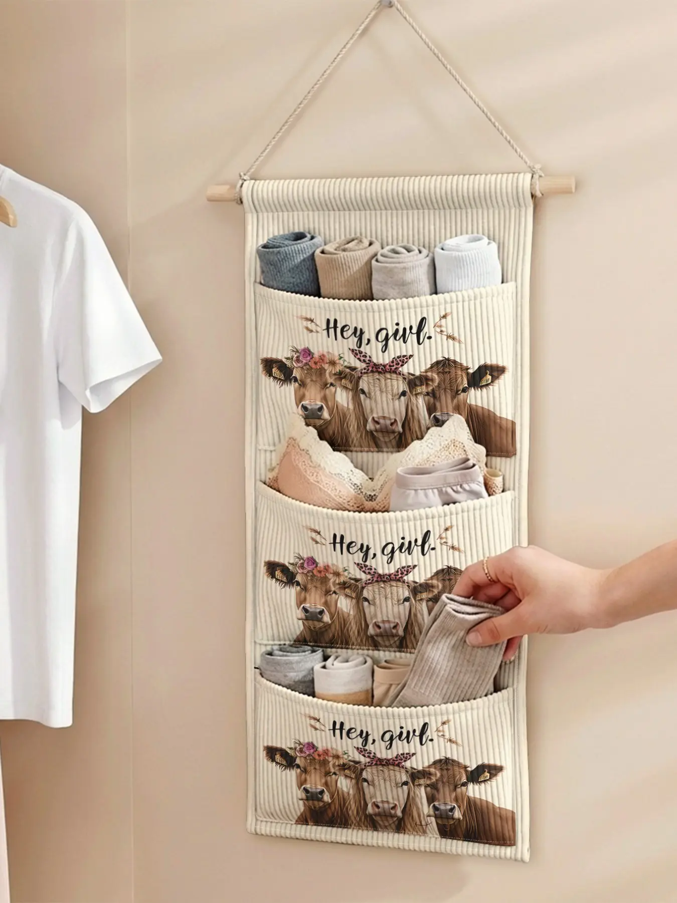 1pc Kitchen Door Hanging Storage Bag, Hangable Organizer Pouch, Bull Pattern, 2D Print, Three-Layer Multi-Compartment, Organize Cookware, Spices, Towels, Small Items