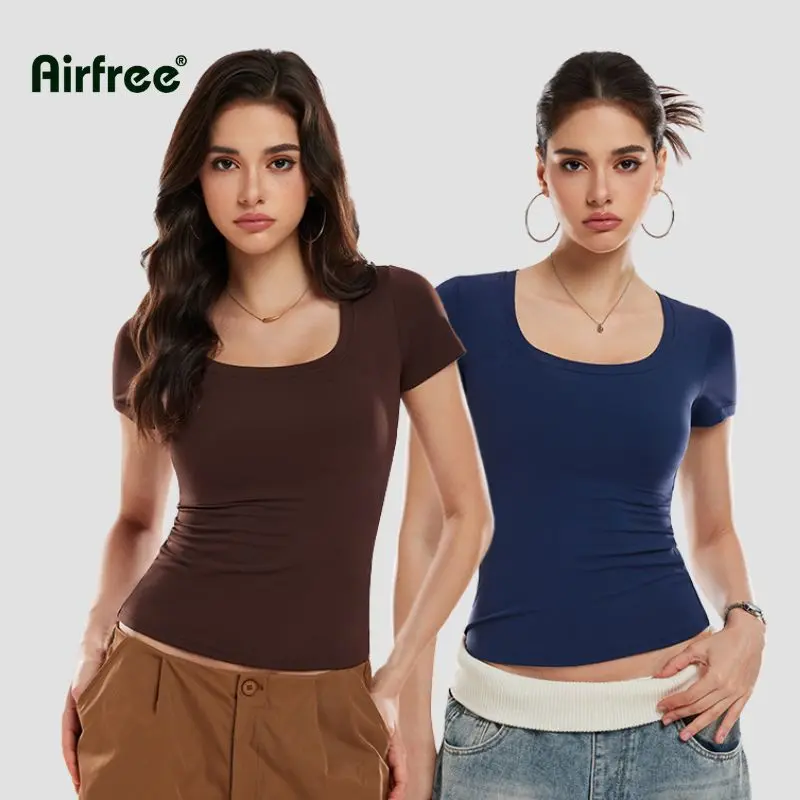 Airfree Women's 2-Pack Scoop Neck Short Sleeve T-Shirt - Soft Stretch Slim Fit Casual Everyday Tops, Summer Minimalist Essential Basics, Shortsleeve, Tshirt