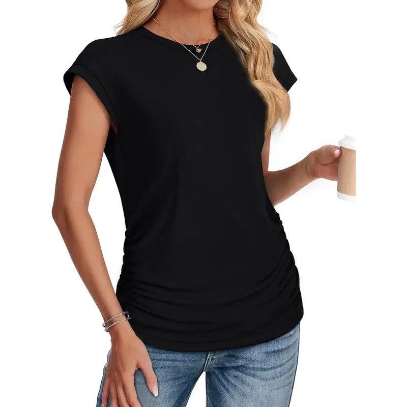 WIHOLL Womens Summer Tops Trendy 2025 Ruched Cap Short Sleeve Tshirts Shirts Crew Neck T Shirts Fashion Womenswear Crewneck