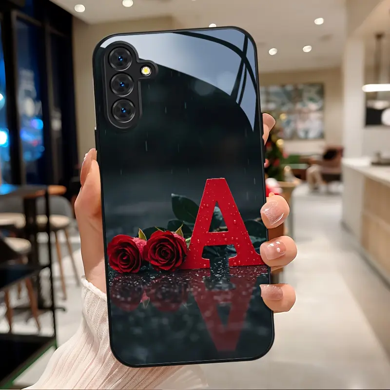 Tempered Glass TPU Phone Case for Samsung Galaxy A04-A06, A13-A16, A22-A25, A32-A35, A52-A55 5G, S21-S24 FE Plus Ultra 5G - Red Rose Letter A Dark Tone Romantic Smartphone Accessory, Galaxy S24 Fe