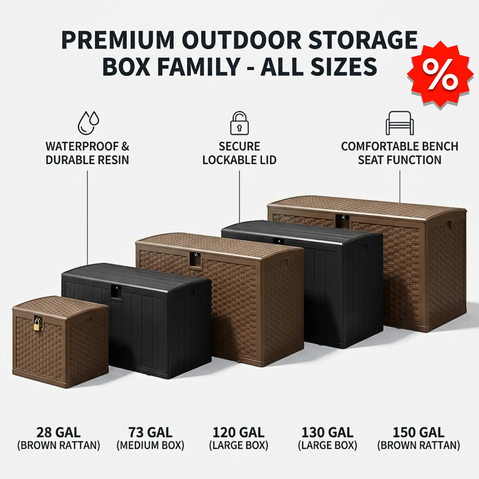 Outdoor Resin Deck Box Waterproof Patio Storage Box, Lockable Weather Resistant Storage Bench for Cushions, Garden Tools, Pool Accessories & Package Delivery, 28-150 Gallon, Black/Brown