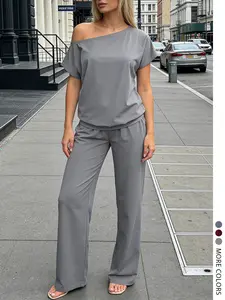 Lovelywholesale Women's Fashion Casual Solid Color Off-Shoulder Asymmetrical Loose Top Long Pants Set, Stylish and Comfortable Outfit for Daily Wear