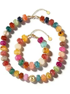 2-Piece Rainbow Candy Color Resin Beaded Necklace and Bracelet Set, European and American Style Unique Fashion Jewelry, Jewelry Sets