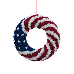 Handmade Blue American-Themed Flower Wreath Box, 4th of July-Memorial Day Festival Decoration, Home Front Door Wall Hanging Decor