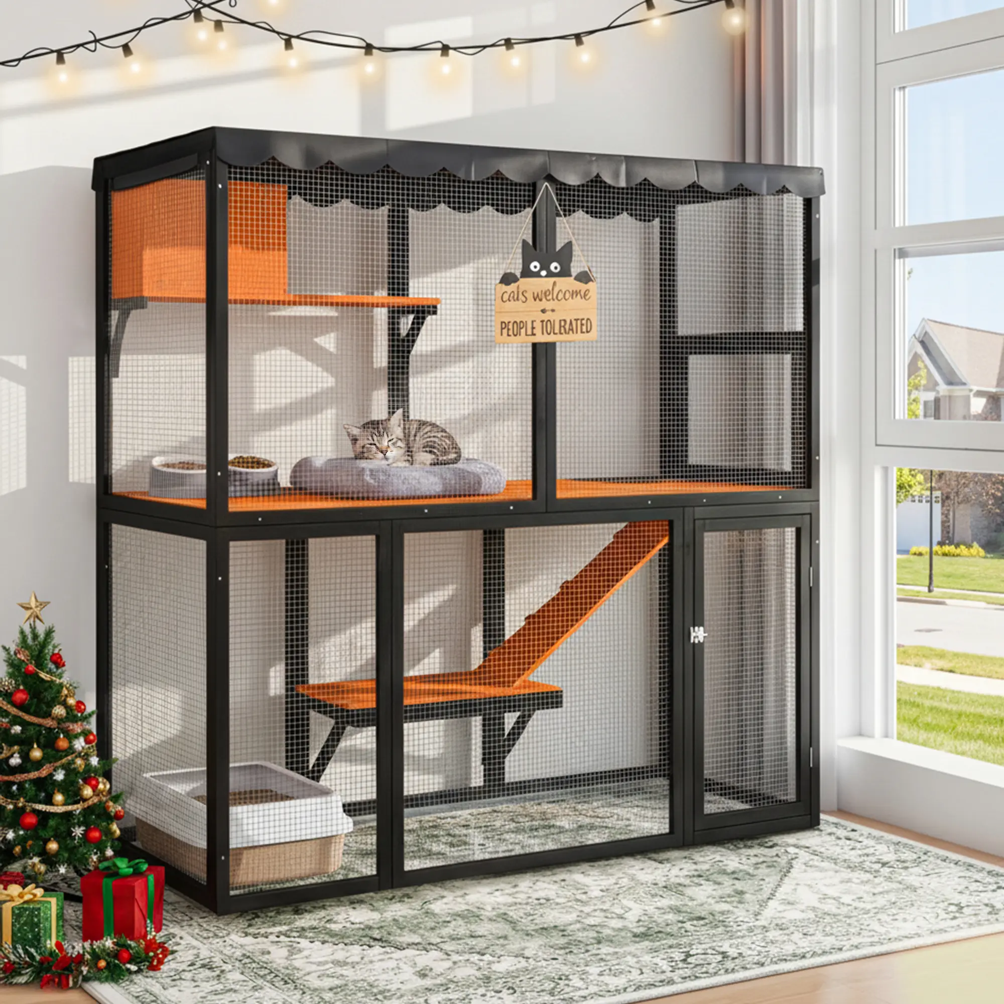 Large Outdoor Wooden Cat Enclosure with Waterproof Cover, Ramp, and Multi-Level Play Areas for Multiple Cats