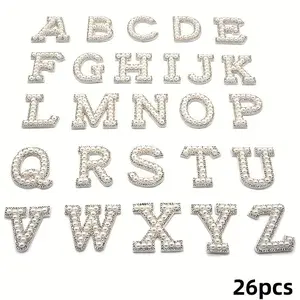 Faux Pearl Letter Patch, 26pcs/set 3D White Background Pearl Letter Patch, English Letter Rhinestone Sticker, DIY Name Sticker for Clothes