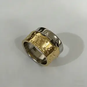 Wide-width color-block design ring, retro industrial style ring, with a strong handcrafted hammered texture, retro and rugged in texture, unisex neutral style ring, punk style ring, stackable accessory, a holiday gift for him.