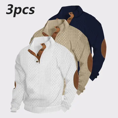 Men's 3-Pack Fitted Jacquard Knitwear Pullover Set - Casual Korean Mock Neck Long-Sleeve Henley Shirts with Button Placket, Breathable Polyester Fabric, Retro Color-Block New Year Men's Clothing Clothes for Commute & Outdoor Travel, Sohochic Fashion